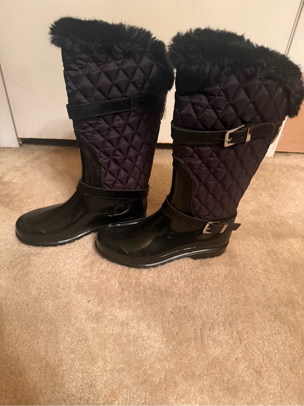 Michael Kors Quilted Black Faux-Fur Trim Rain Boots